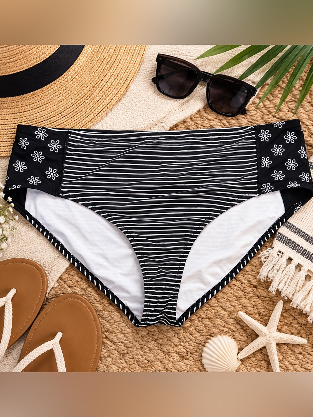 Time and Tru Black White Striped Floral Bikini Swim Bottoms Women's XL